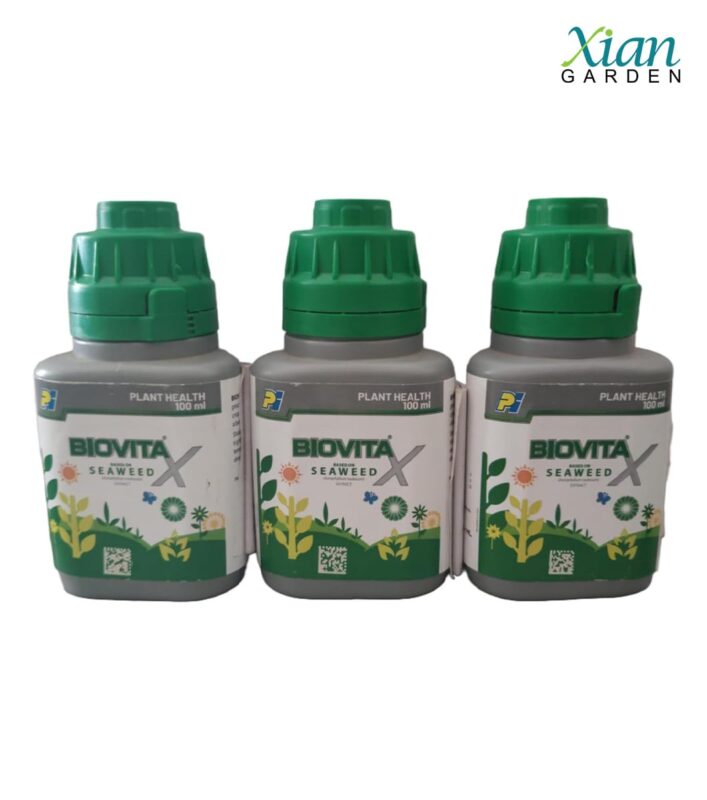 Bottle of Biovita X liquid seaweed extract displaying natural seaweed nutrients for root and shoot vigor