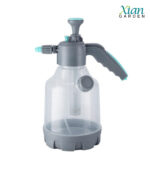 Transparent high-pressure hand pump sprayer bottle with adjustable brass nozzle and comfortable trigger.