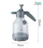 Transparent high-pressure hand pump sprayer bottle with adjustable brass nozzle and comfortable trigger.