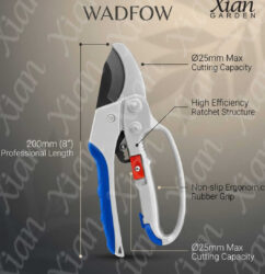 Wadfow 8 inch pruning shear with ergonomic green and black handles.